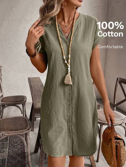 EMERY ROSE Women's Solid Color Button Front Short Sleeve Casual Mini Dress,Summer Dresses For Women