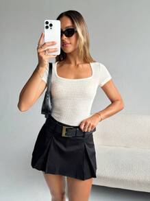 SHEIN Essnce Women Solid Color Versatile Short Sleeve T-Shirt, Square Neck Fitted Apricot Casual Tee, Spring/Summer