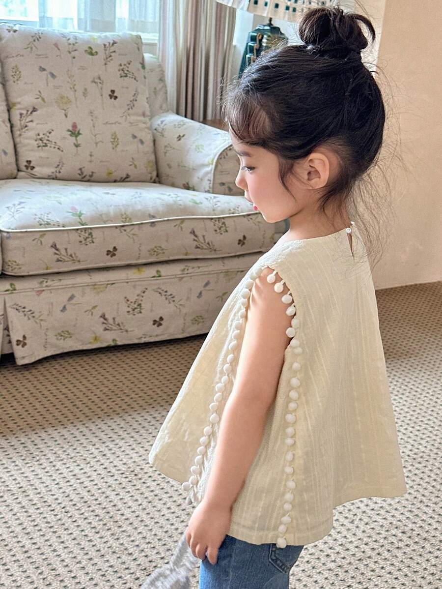 Dazy Kids Young Girl Plain Crew Neck Pom Pom Trim Sleeveless Shirt,Girls Summer Outfits - Apricot - View 1