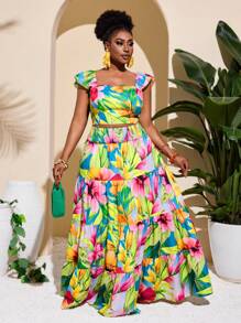 Slaydiva Plus Size Vacation Casual Colorful Floral & Tropical Leaves Print Cap Sleeve Crop Top And Tiered Maxi Skirt Set, Spring/Summer,Holiday Outfits