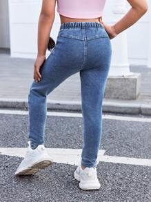 SHEIN Young Girl Y2K Colorful Heart Print Stretchy Denim Snug Fit Pants, Kid Girls Spring And Summer Casual Vacation Hobo Wear