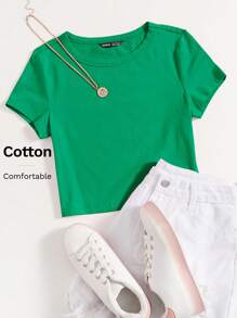 SHEIN EZwear Áo thun nữ màu trơn Giải trí - màu xanh lá - Xem 6
