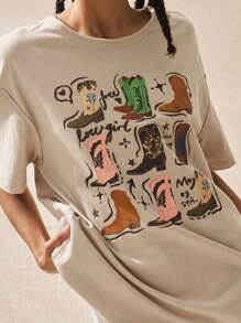 Easelle Botas de mujer de punto color albaricoque, camiseta de cuello redondo con estampado y hombros caídos - Albaricoque - Ver 2