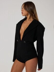 MUSERA Fashion Solid Blazer Plunge Neck Bodysuit Sexy Club Vacation Spring Summer Rave Holiday Beach Wedding Guest Concert Wedding Party - Black - View 2