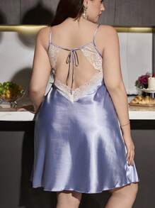 SilkySpell Plus Size Lace Splice Faux Silk Backless Nightgown