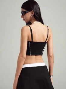 LYSMO Mujer Top deportivo informal recortado con detalles de bloqueo de color - Negro - Ver 2