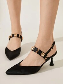 CUCCOO CHICEST Elegante preto cetim bico decoração stiletto salto médio bombas para mulheres, adequado para ocasiões formais, deslocamento, vestido, festa de casamento - Preto - Ver 4