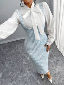Elenzga 优雅时尚两件套：白色领带衬衫和粉色提花长吊带裙，适合秋冬季 - 淺藍色 - 查看 5