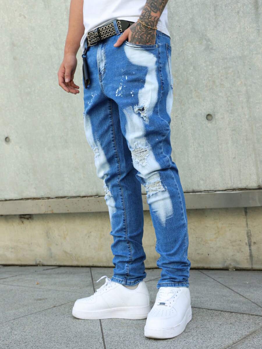 Manfinity EMRG Men's Casual Washed Ripped Slim-Fit Denim Jeans - Medium Wash - View 1