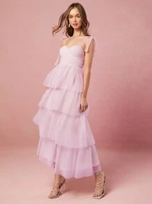 Enchnt 女士网眼拼布系带休闲长款优雅连衣裙 - 淡紫色 - 查看 1