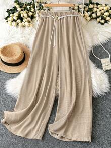 DreamSkyne New Loose Fit Summer Lightweight Silky Flowy Wide Leg Pants With Drawstring Waist And Wood Ring Belt, Slimming
