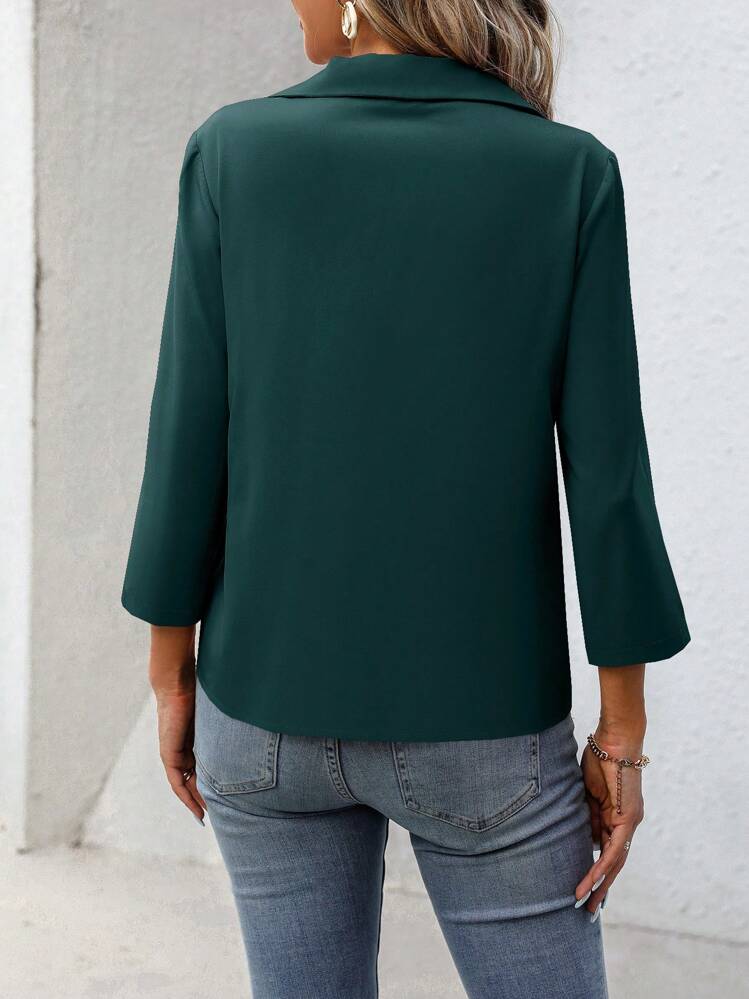 SHEIN Clasi 女士简约纯色日常长袖衬衫、七分袖上衣 - 墨綠色 - 查看 2