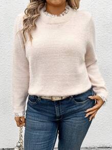SHEIN CURVE+ Pull ample femme à manches longues avec dentelle contrastée, pull casual en tricot pour l'automne/l'hiver - Nude - Voir 3