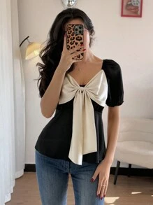 SHEIN Unity 女士优雅蝴蝶结泡泡短袖衬衫 - 彩色 - 查看 5