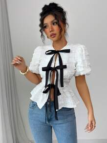 SHEIN Unity Women Contrast Color Splicing Short Sleeve Casual Top, Everyday Wear - Black and White - View 3