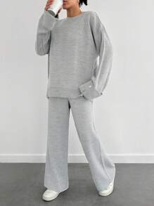 EURMUSE Women Button Detailed Sweater And Pant Set - Light Grey - View 5