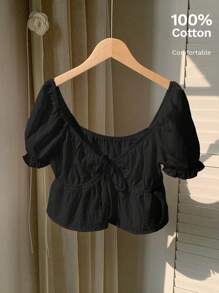 Comfortcana 泡泡袖系前腰間歇腰短上衣 - 黑色 - 查看 6