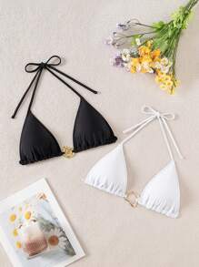 SHEIN Swim Spring Break New Multi-Color Triangle Halter Tie Minimalist Bikini Set For Women