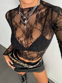 SHEIN Tall Maglietta da donna a maniche lunghe con scollo tondo in pizzo, sexy
