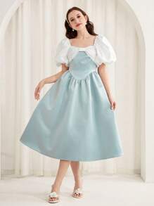 SHEIN 少女蓝白拼色泡泡袖蝴蝶结前缎面正式派对婚纱，春夏