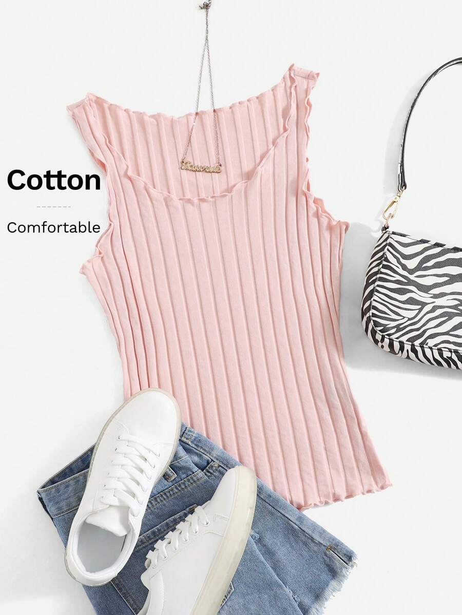 SHEIN EZwear Lettuce Trim Rib Knit Tank Top - Baby Pink - View 1