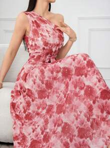 Modelyn Women's Asymmetrical Shoulder Sleeveless Floral Print Bodycon Long Dress, Elegant