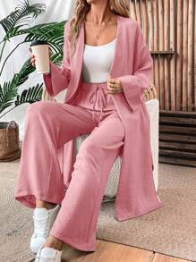 Chiquease 2 件套女士亚麻宽松休闲套装，包括超大长夹克和宽松长裤，秋季 - 粉色 - 查看 3