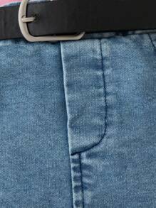 Ensemble de 2 pièces, T-shirt rose et jupe en jean bleu clair avec décoration de nœud en dentelle, élégant et doux, pour bébé fille, tenue d'été - Rose bonbon - Voir 7