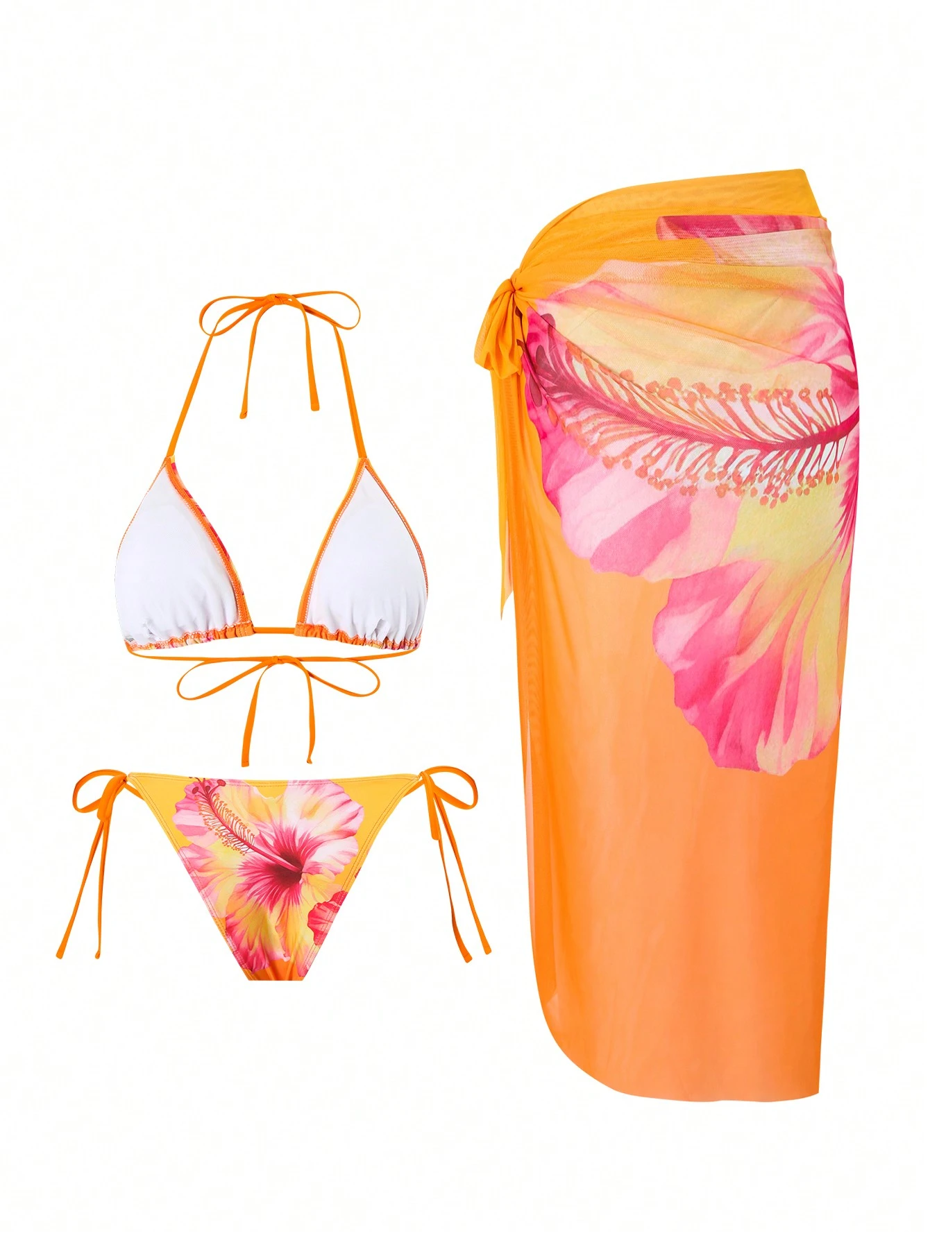 Swim Oasis 3 Peças Conjunto de Roupas de Praia de Verão Feminino, Incluindo Camisa com Estampa Floral 3D, Parte Inferior de Maiô Bikini com Nó na Frente e Saia Envelope em Tela, Estilo Resort Boêmio - Multicolorido - Visão 7