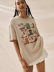 Easelle Botas de mujer de punto color albaricoque, camiseta de cuello redondo con estampado y hombros caídos - Albaricoque - Ver 4