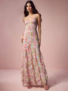 Enchnt Váy dây mảnh in hoa màu hồng lãng mạn dành cho nữ mùa xuân và mùa hè, váy suông thanh lịch ngọt ngào gợi cảm, phù hợp cho mùa cưới, ngày lễ, kỳ nghỉ, mùa hẹn hò và tốt nghiệp ngọt ngào, trang phục mùa hè dành cho nữ, váy thanh lịch - Nhiều màu - Xem 1