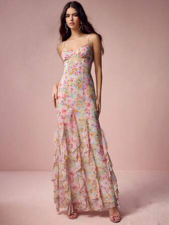 Enchnt Vestido Feminino Floral Rosa Romântico de Alça Fina para Primavera e Verão, Vestido de Verão Doce e Elegante, Adequado para Temporada de Casamentos, Feriados, Férias, Encontros Doces e Temporada de Formatura, Vestuário Feminino de Verão, Vestido Elegante