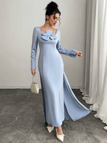 Modelyn Women's Elegant Solid Color 3D Floral Decor Long Sleeve Dress - Blue - View 3