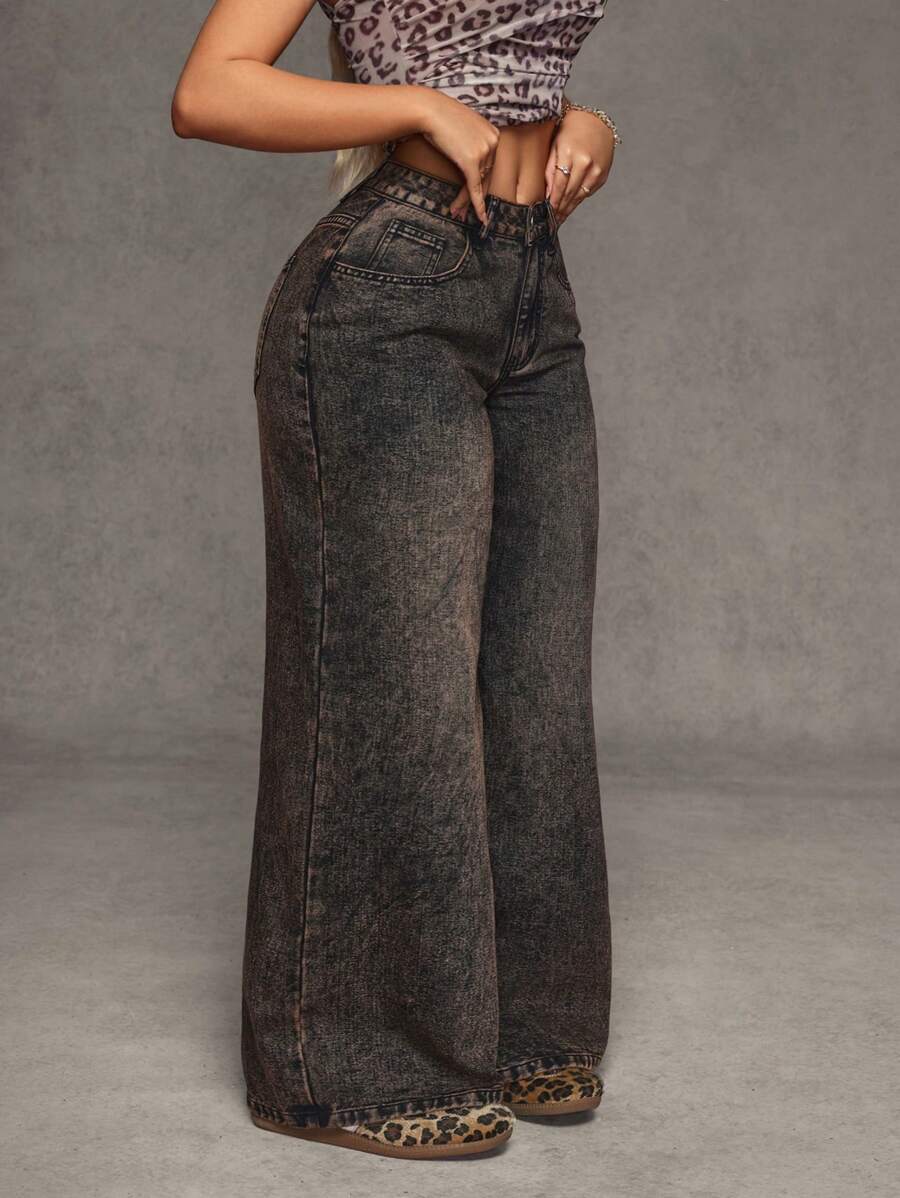 SHEIN BAE Women's Front Button Pocket Loose Casual Jeans - Brown - View 1