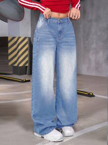 SHEIN Y2K 时尚圣诞服饰复古水洗斜口袋宽松阔腿牛仔裤，适合青少年女孩街头装 - 淺色水洗藍 - 查看 3