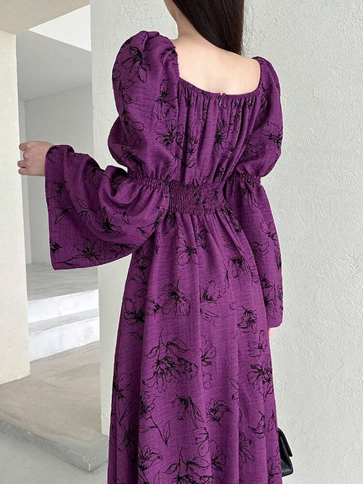 Women's Floral Lantern Sleeve Square Collar Cinched Waist Long Purple Dress, Suitable For Spring/Autumn City Party & Floral,Milkmaid Dress Vacation Outfits Women Maxi Dress Boho