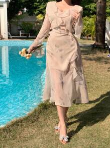 DAZY Women Fall Plant Print V-Neck Flare Sleeve Ruffle Trim Vacation Chiffon Dress Long Sleeve Dress