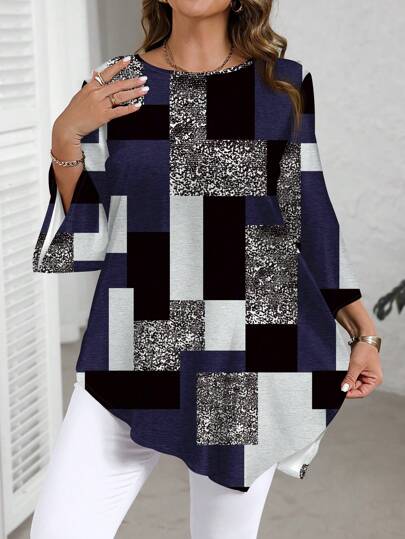 EMERY ROSE Plus Size Plaid Print Casual Minimalist Allover Grafische Lange Mouw Shirt, Geschikt Voor Lente En Herfst