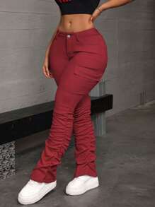 SHEIN ICON Celana Jeans Kargo Slim Fit Kasual Wanita Warna Polos dengan Detail Kerut - Merah - View 5