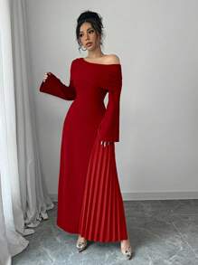 Elenzga Robe longue élégante pour femmes, en couleur unie, avec épaule oblique attrayante, taille froncée, volant asymétrique au bas, idéale pour les déplacements et les soirées - Rouge - Voir 4