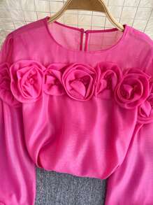 SHEIN Unity Plus Size Elegant Solid Color 3D Floral Decor Lantern Sleeve Blouse - Hot Pink - View 3