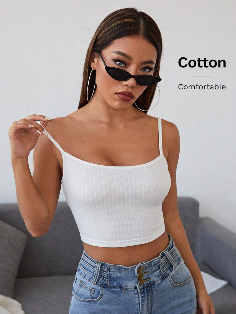 SHEIN EZwear Rib-knit Crop Cami Top - White - View 1