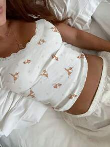 Jouncy 女士撞色蕾丝卡通印花修身吊带背心 - 白色 - 查看 1