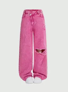 Teen Girls Y2K Style Washed Pink Distressed Wide Leg Loose Jeans - Hot Pink - View 5