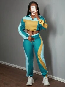 Slaydiva Conjunto informal de 2 piezas para mujer con chaqueta corta de cuello alto con cremallera y pantalón ancho de chándal con efecto color block