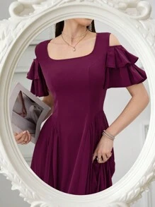 Modelyn Women's Solid Color Off The Shoulder Short Sleeve Casual Long Dress - Red Violet - View 4