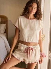Aralina Satin Look Contrast Trim Crop Top And Ruffle Hem Short Two Pieces Sleep Set With Scrunchie - Beige - View 10