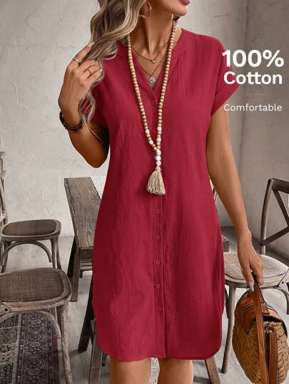 EMERY ROSE Women's Vacation Casual Solid Color Notch Neck Button Front Dress,Summer Dresses For Women