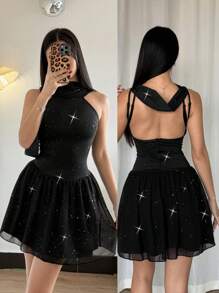 Chiquease Patchwork Chiffon Sequin Bodycon Mini Dress - Black - View 1