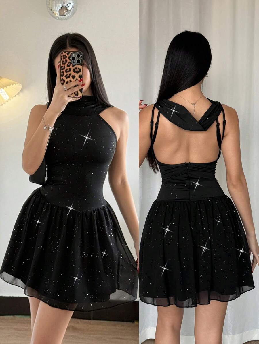 Chiquease Patchwork Chiffon Sequin Bodycon Mini Dress - Black - View 1